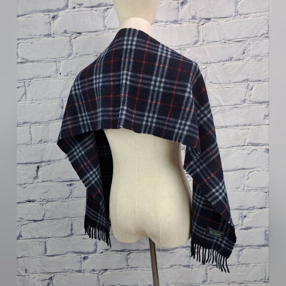 Burberry Vintage Scarf Navy Check 100% Lambswool England 90s Y2K 60" x 11" - Picture 5 of 13